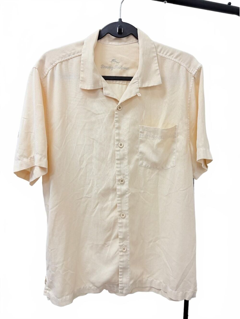 Tommy Bahama Silk Short Sleeve Button Down Shirt Pastel Ivory Beige Casual M